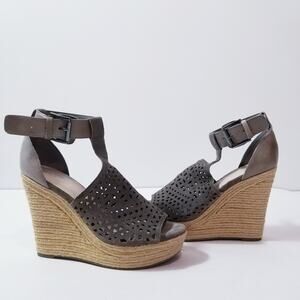 Marc Fisher HASINA Leather Upper Gray Espadrille Wedge Sandals Open Toe